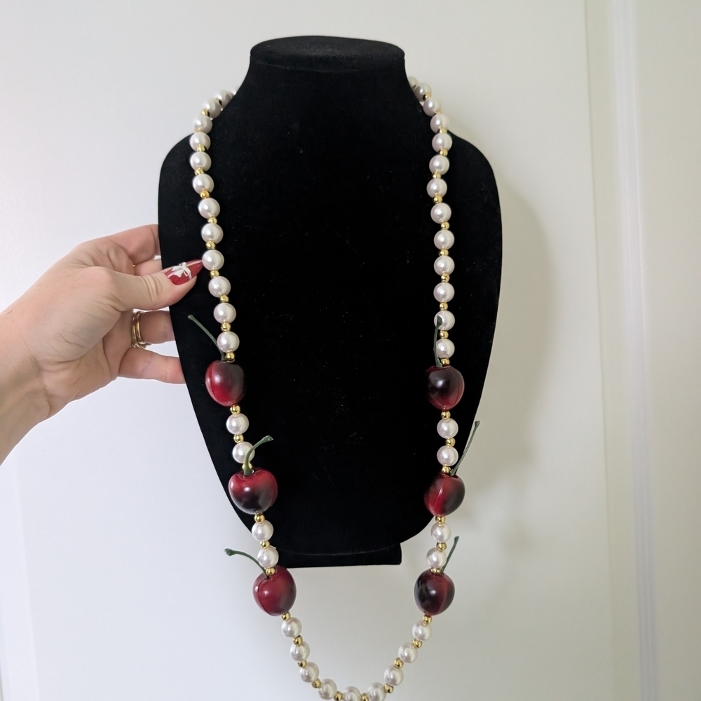 Faux Pearl and Red Cherry Bead Necklace - Picture 7 of 9